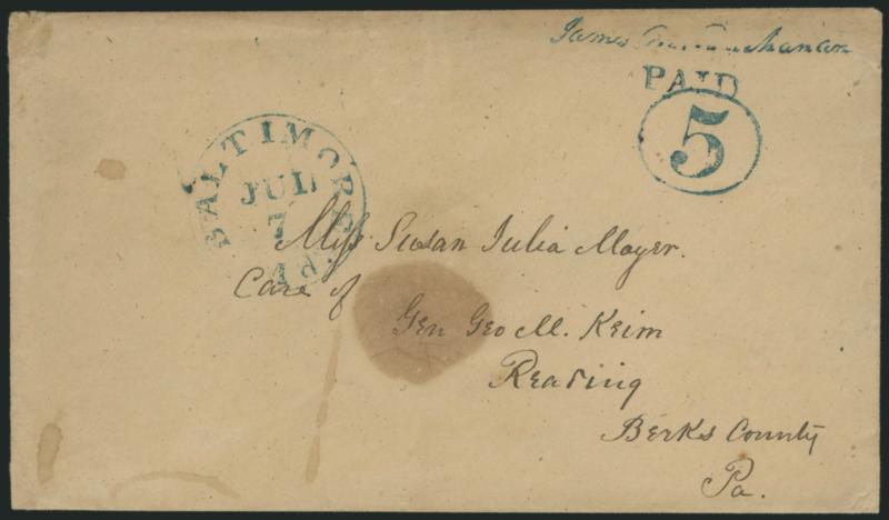 Baltimore Md., 5c Blue on Manila entire (3XU1).> Clear strikes of provisional markings, matching Baltimore Md. Jul. 7 (1846) circular datestamp on cover to Reading Pa., central toned spot from wax seal<><>^VERY
FINE EXAMPLE OF THE 5-CENT BLUE BAL