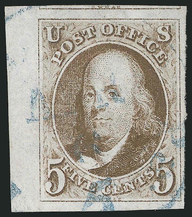5c Grayish Brown (1a).> Enormous margins with <left sheet margin> and part of adjoining stamp at top, rich color and sharp early impression, light strike of <blue> Philadelphia integral-rate
datestamp<><>^EXTREMELY FINE. A BEAUTIFUL USED EXAMPLE OF