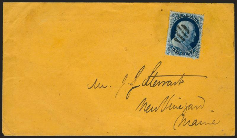 1c Blue, Ty. IIIa (22).> Position 41L4, beautiful centering with well-proportioned margins, cancelled by unusual small open grid on orange cover to New Vineyard Me., missing most of top flap, Very Fine, a pretty
cover, signed and plated by Ashbrook,