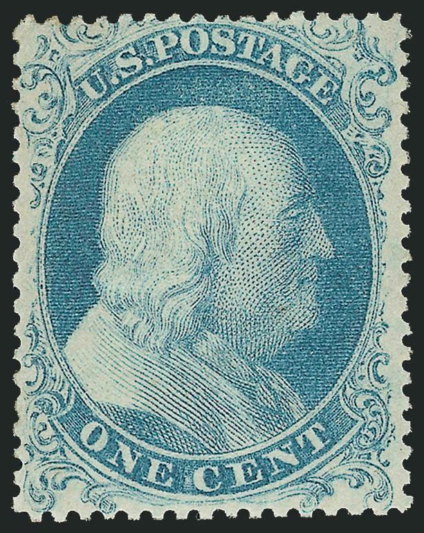 1c Blue, Ty. I (18).> Plate 12, original gum, lightly hinged, fresh and bright color, choice centering with well-balanced margins<><>^EXTREMELY FINE. A BEAUTIFUL ORIGINAL-GUM EXAMPLE OF THE 1857 PERFORATED
ONE-CENT TYPE I.^<><>With 1997 P.F. cert