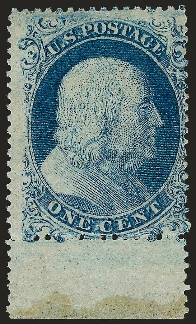 1c Blue, Ty. I (18).> Plate 12, original gum, <selvage at bottom> and show showing full design at bottom, bright color, Fine