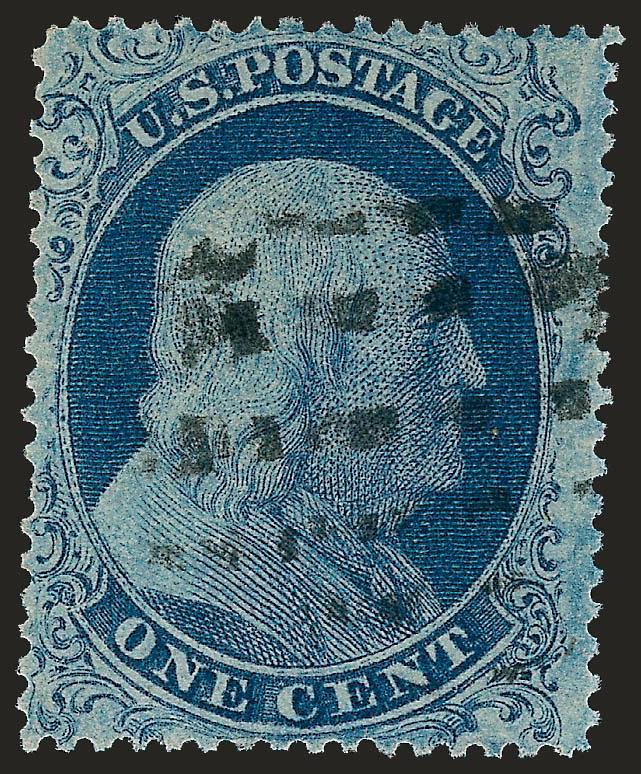 1c Blue, Ty. I (18).> Plate 12, pretty shade, unusual segmented cork cancel, single short perf at left, otherwise Very Fine, with copy of 1992 P.F. certificate for strip of three