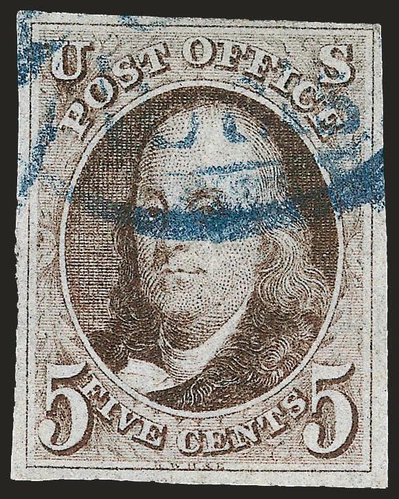 5c Dark Brown (1a).> Large margins to full, bright color from a late impression, neat strike of <blue circular datestamp,> Very Fine and choice, with 2000 P.F. certificate