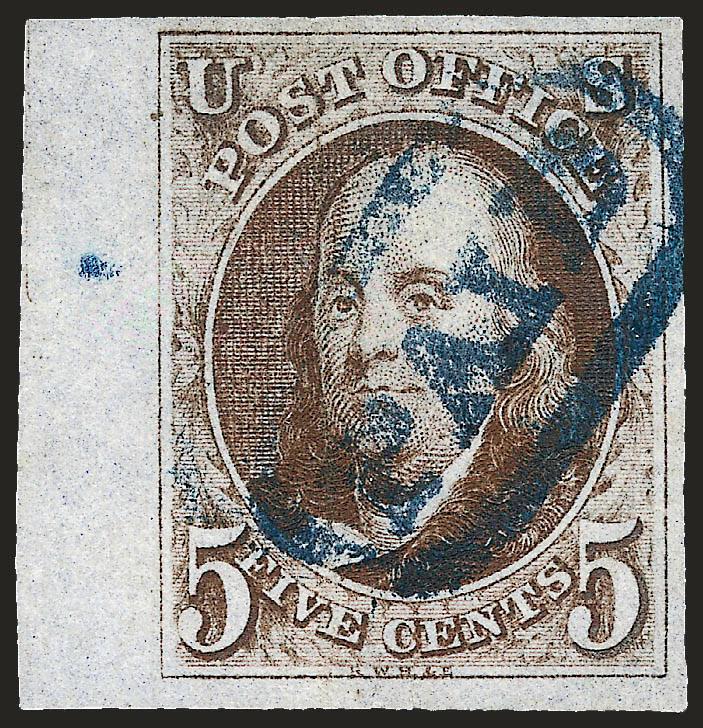 5c Dark Brown (1a).> Large to huge margins incl. <sheet margin at left,> deep rich color nicely complemented by <blue Paid> cancel of Philadelphia, faint vertical crease, Extremely Fine appearance, a stamp with
great visual appeal, with 1996 P.F. c