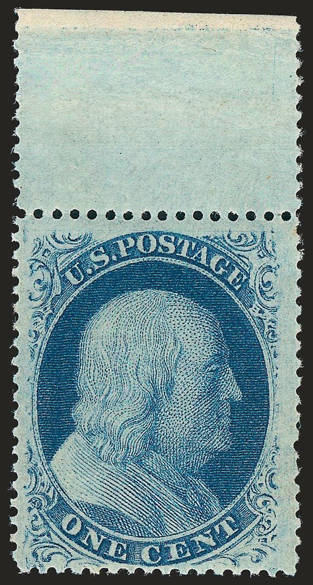 1c Blue, Ty. V (24). Mint N.H.> and with <selvage at top,> bright color, wide margins, Very Fine and choice, with 2001 P.F. certificate