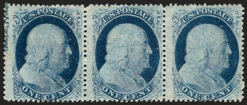 1c Blue, Ty. V (24).> Horizontal strip of three with <part imprint> at left, original gum, barest trace of what may be hinging (appear Mint N.H.), deep rich color, center stamp single perf tip with light
soiling, otherwise Very Fine, Scott Retail wit