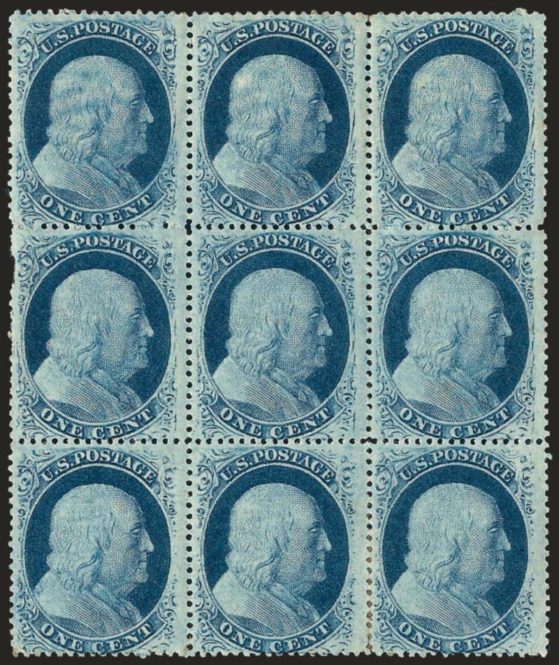 1c Blue, Ty. V (24).> Block of nine, original gum, center stamps <<may>> be Mint N.H., rich color, few perfs sensibly reinforced at bottom right, left center stamp small piece out at left, right vertical row
light natural gum bend, Very Fine appearan