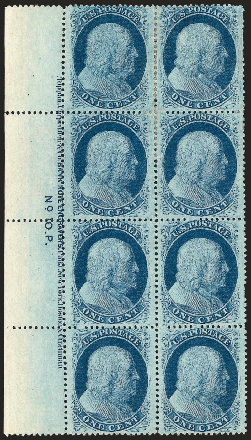 1c Blue, Ty. V (24).> Left <imprint and plate no. 10P> block of eight, unused (no gum), few perf separations sensibly reinforced at top<><>^VERY FINE. A BEAUTIFUL AND SCARCE IMPRINT AND PLATE NUMBER BLOCK OF THE
PERFORATED ONE-CENT TYPE V.^<><>Wi