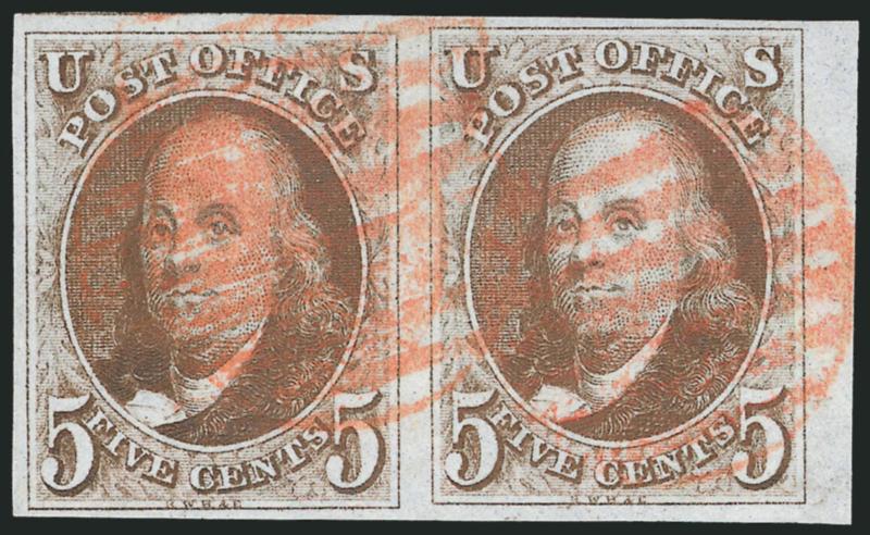 5c Dark Brown (1a).> Horizontal pair, huge to large margins all around including <sheet margin at right> and part of adjoining stamp at top, deep rich color from the late state of the plate, bold strikes of red
grid cancellations<><>^EXTREMELY FINE