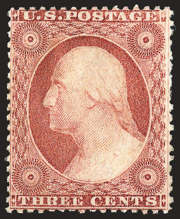 3c Rose, Ty. I (25).> Part original gum, brilliant color, fresh and Very Fine, with 1990 and 2003 P.F. certificates, Scott Retail as no gum $1,250.00, Scott Retail as with gum