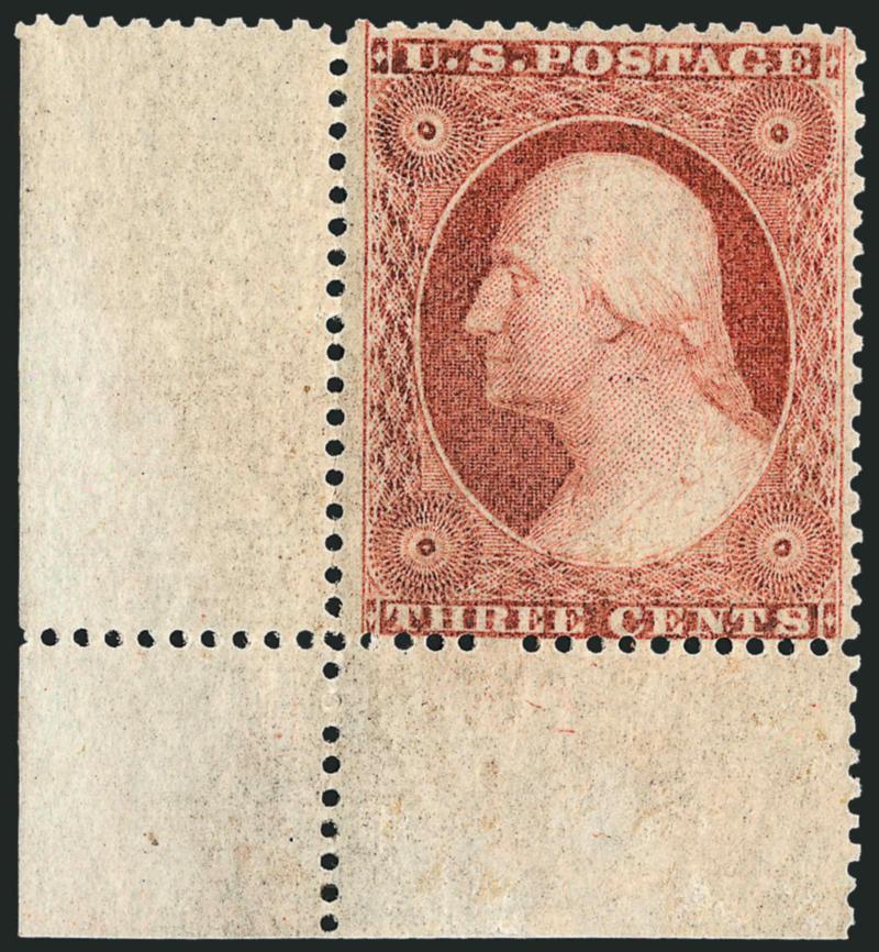 3c Dull Red, Ty. III (26). Mint N.H.> and also with <bottom left corner selvage,> rich color, Very Fine and choice, a beautiful stamp, with copy of 1988 P.F. certificate for block of four