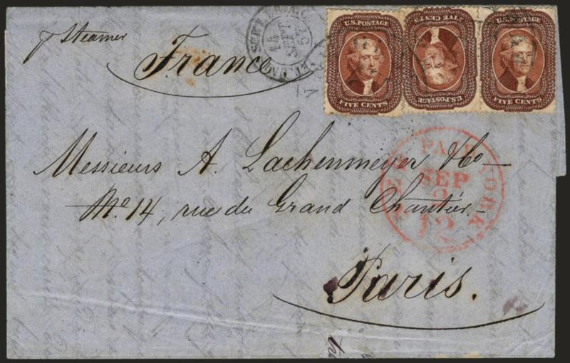 5c Red Brown (28).> Three singles arranged in a row and with center stamp placed inverted in relation to the others, tied by New Orleans La. Aug. 23 circular datestamp on 1857 folded letter <to Paris, France,>
red New York Paid 12 Sep. 2 credit d