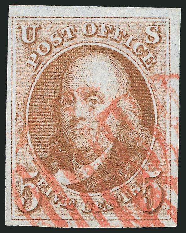 5c Orange Brown (1b).> Large to huge margins, vivid color and impression on nicely blued paper, two clear strikes of red grid cancel<><>^EXTREMELY FINE. A BEAUTIFUL USED EXAMPLE OF THE 5-CENT 1847 ISSUE IN THE
DISTINCTIVE AND DESIRABLE ORANGE BROWN