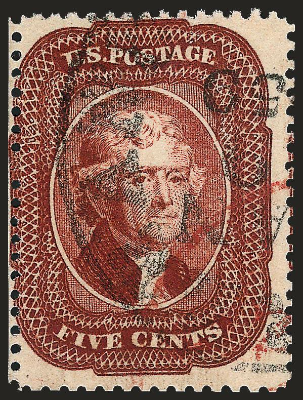 5c Indian Red (28A).> Rich color in the true Indian Red shade on bright paper, perfs in at left but trimmed outside design, neat strike of circular datestamp and also red transit cancel, nearly Fine, with copy
of 1977 P.F. certificate for strip of th