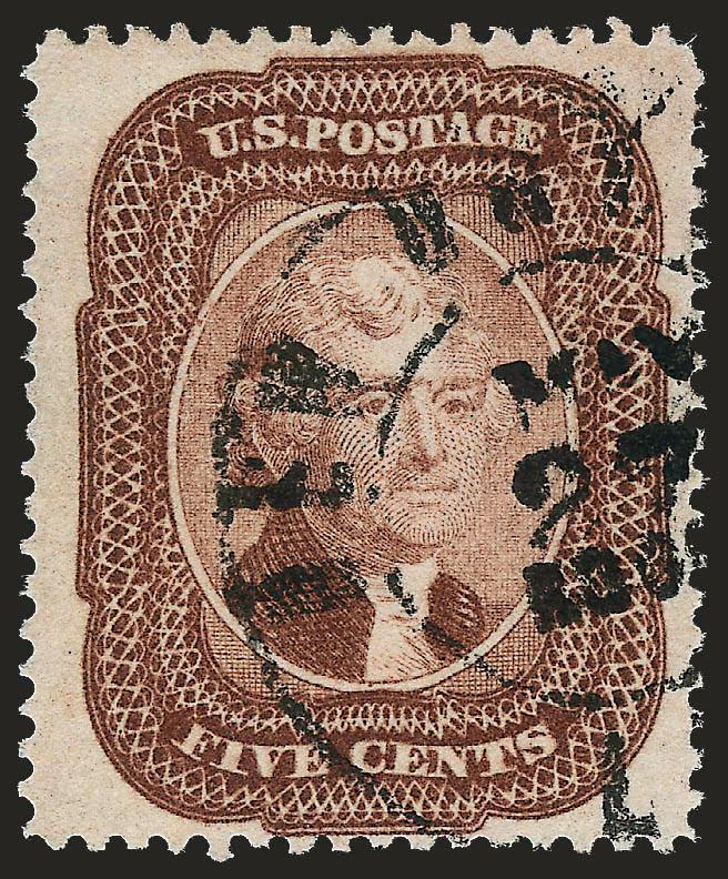 5c Brown (29).> Rich color and sharp impression, New Orleans double-circle datestamp, incredibly wide margins for a Type I, a double take stamp, which at first appears to be the Type II, Extremely Fine, with
1994 P.F. certificate for strip of three