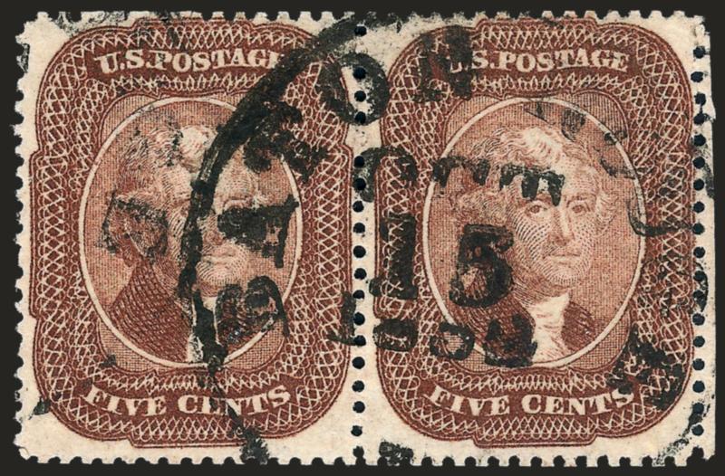 5c Brown (29).> Horizontal pair, rich color, bold strike of Baton Rouge La. Oct. 15, 1858 circular datestamp, intact perfs at right, Fine, with 2000 P.F. certificate