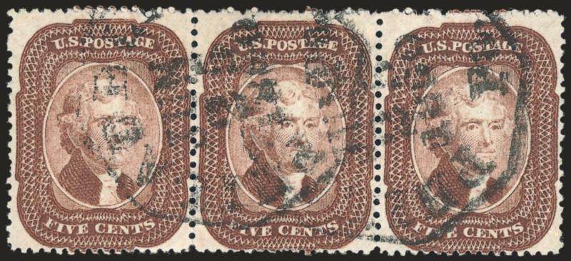 5c Brown (29).> Horizontal strip of three, rich color, two neat strikes of Philadelphia Pa. Jun. 25, 1860 octagonal datestamps, fresh and Fine-Very Fine