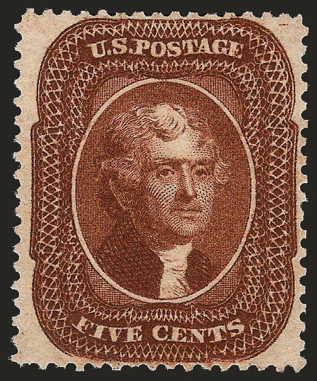 5c Orange Brown, Ty. II (30).> Unused (no gum), deep rich color and detailed impression, well-balanced margins, trivial corner perf crease at bottom right not mentioned on accompanying certificate, Very Fine
appearance, with 1984 P.F. certificate