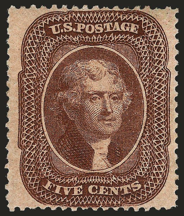5c Brown, Ty. II (30A).> Original gum, wide margins with perforations clear of design all around, dark shade and detailed impression<><>^EXTREMELY FINE. THE 5-CENT TYPE II BROWN IS RARE IN THIS CHOICE
ORIGINAL-GUM CONDITION.^<><>Unlike its Orange
