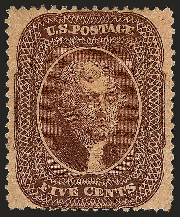 5c Brown, Ty. II (30A).> Original gum, lightly hinged, pretty shade, wide margins, two tiny thin spots at top, Very Fine appearance, with 2003 P.F. certificate