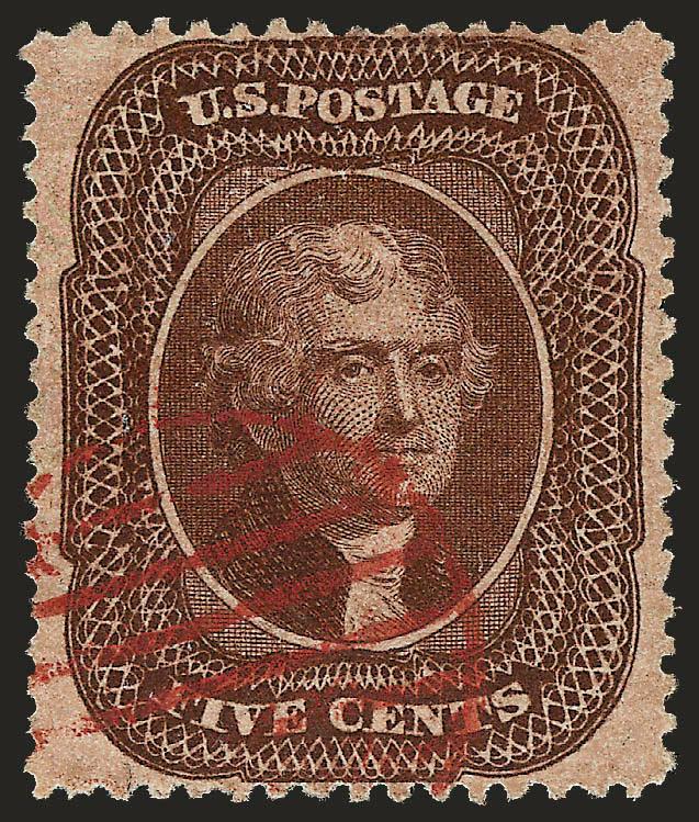 5c Brown, Ty. II (30A).> Dark shade and proof-like impression, vivid sharp <red grid> cancel, fresh and Extremely Fine Gem, a beautiful stamp seldom seen in this choice condition, with 2000 P.F.
certificate