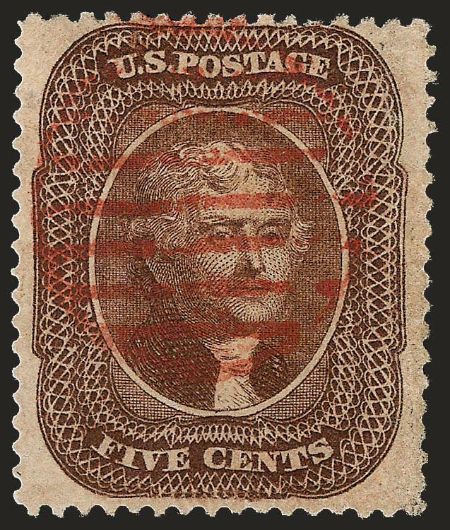 5c Brown, Ty. II (30A).> Bright shade, wide and balanced margins, <red grid> cancel, trivial perf tip thin speck at top left, Very Fine appearance