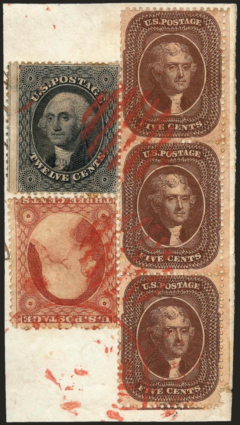 5c Brown, Ty. II (30A).> Vertical strip of three, intact perfs at bottom and right, <used with 12c Black, Plate 3 (36b) and 3c Dull Red, Ty. I (26),> tied by red grids and matching circular datestamp on small
piece, 3c with tear at bottom right, 12c