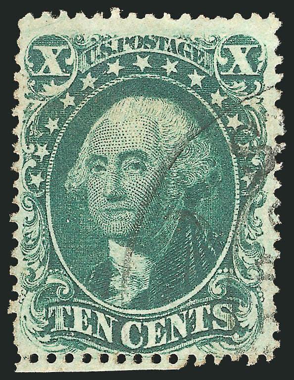 10c Green, Ty. I, Curl in Left X (31 var).> Position 99R1, deep rich color, light circular datestamp, part of adjoining stamp at bottom, faint corner crease at top right visible only in fluid, Very Fine
appearance, with 2001 P.F. certificate
