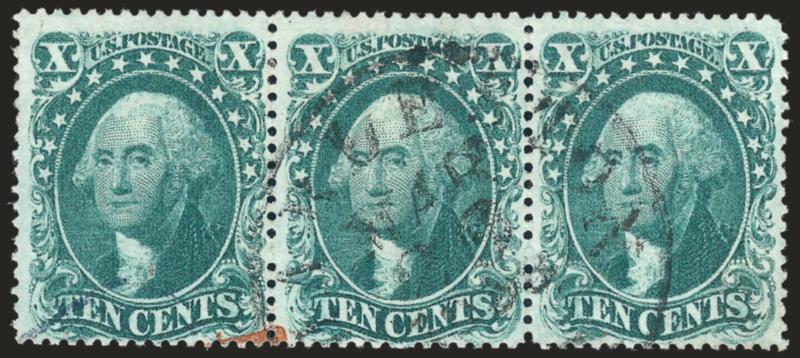 10c Green, Ty. I (31).> Horizontal strip of three, pretty shade, neat strike of circular datestamp and also trace of red boxed PD handstamp at bottom left<><>^FINE. A RARE USED STRIP OF THREE OF THE 1857 10-CENT
TYPE I.^<><>Off-cover pairs and
