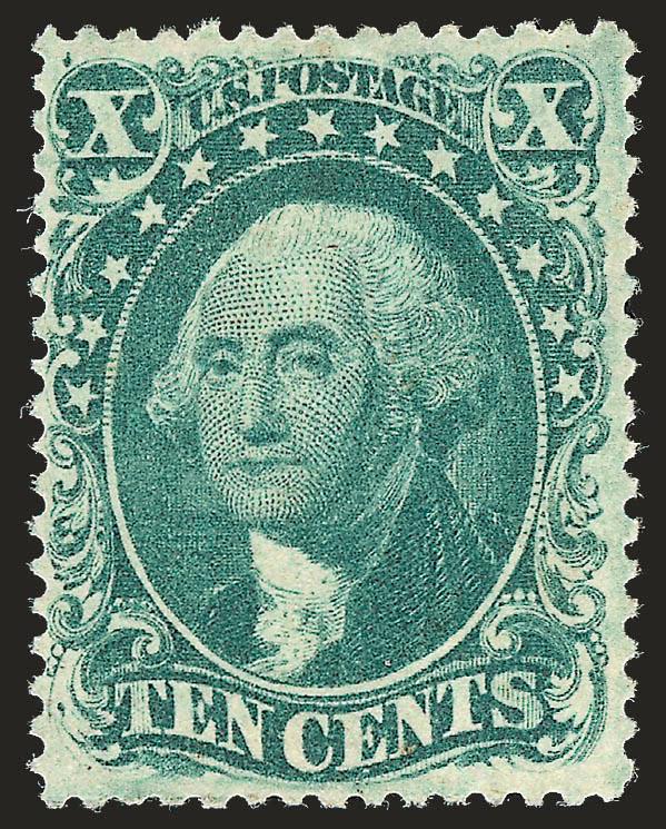 10c Green, Ty. II (32).> Slightly disturbed original gum, gorgeous color in a pretty shade, few slight adherences to gum<><>^VERY FINE. A BEAUTIFUL ORIGINAL-GUM EXAMPLE OF THE 1857 10-CENT TYPE II.^<><>With 2005
P.F. certificate