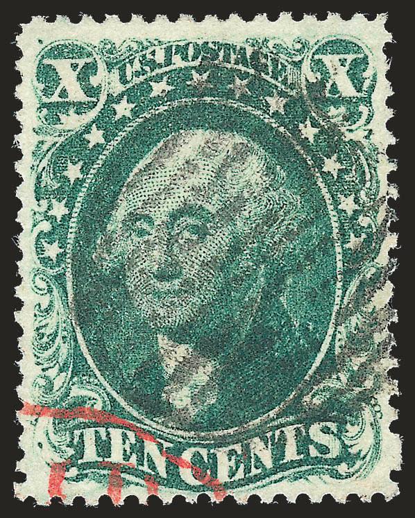 10c Green, Ty. II (32).> Rich color on bright paper, bold strike of grid cancel and also trace of red datestamp at bottom left, Very Fine and choice, with 1999 P.F. certificate