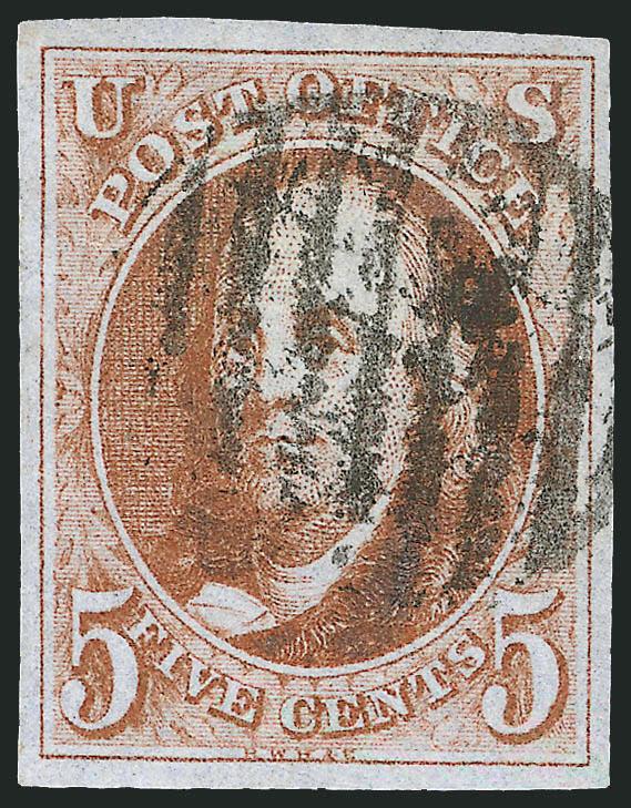 5c Orange Brown (1b).> Large even margins all around, gorgeous and distinctive color, <black grid> cancel<><>^EXTREMELY FINE. A RICH AND TRUE ORANGE BROWN SHADE OF THE 5-CENT 1847 ISSUE.^<><>With 2003 P.F.
certificate