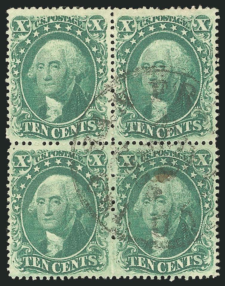10c Green, Ty. IIIII (32-33).> Top stamps Type III, bottom stamps Type II, bright color, choice centering, neat strike of San Francisco Cal. circular datestamp, single pulled perf at top of upper right
stamp<><>^EXTREMELY FINE BLOCK OF THE 10-CE