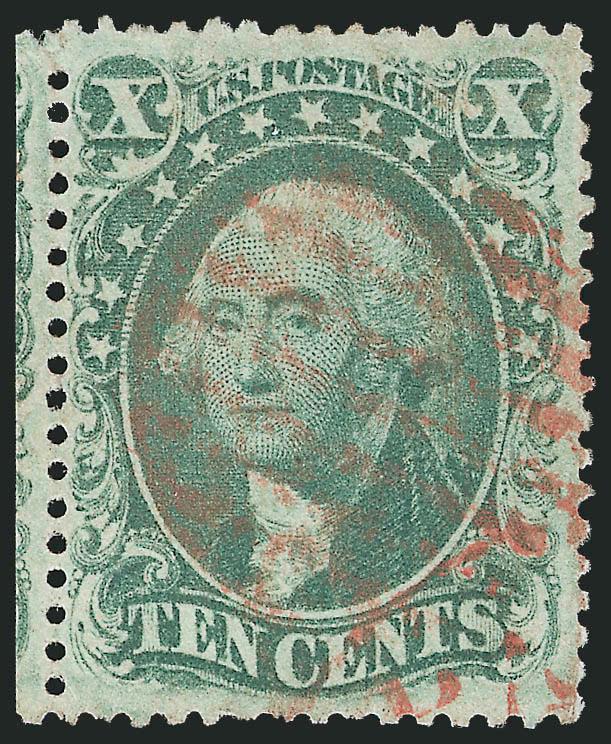 10c Green, Ty. III (33).> Choice centering with intact perfs at left, pretty shade offset by <red grid> cancel, fresh and Very Fine, with 2002 P.F. certificate