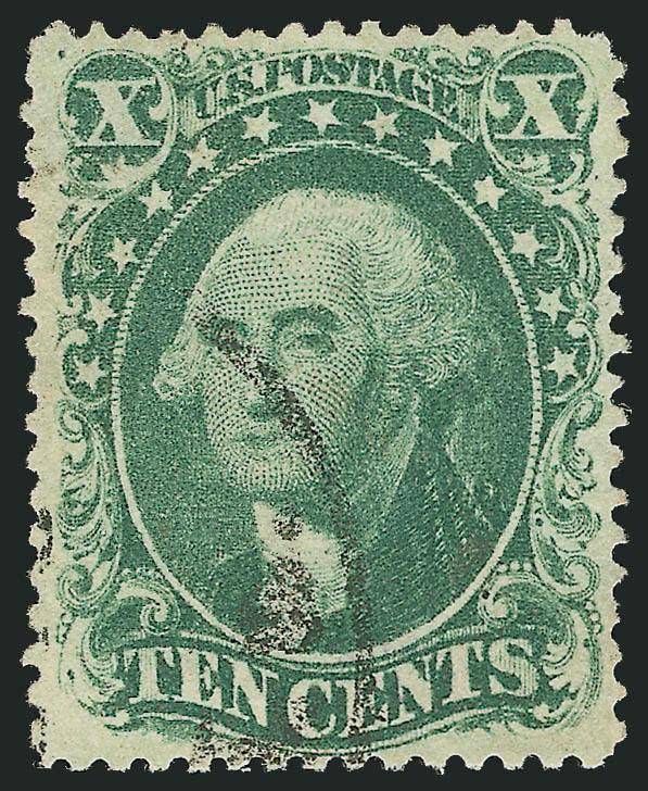 10c Green, Ty. IV (34).> Position 76L1, recut at bottom, precise centering with even margins all around, deep rich color, light circular datestamp<><>^EXTREMELY FINE. AN OUTSTANDING USED EXAMPLE OF POSITION
76L1, ONE OF THE 10-CENT RECUTS ON PLATE