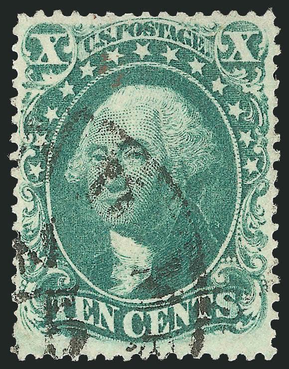 10c Green, Ty. IV (34).> Position 3R1, recut at top, the so-called Misplaced Relief position, rich color, bold circular datestamp, fresh color<><>^VERY FINE AND CHOICE USED EXAMPLE OF THE 10-CENT 1857 TYPE IV.
ESPECIALLY DESIRABLE FROM THIS POSIT