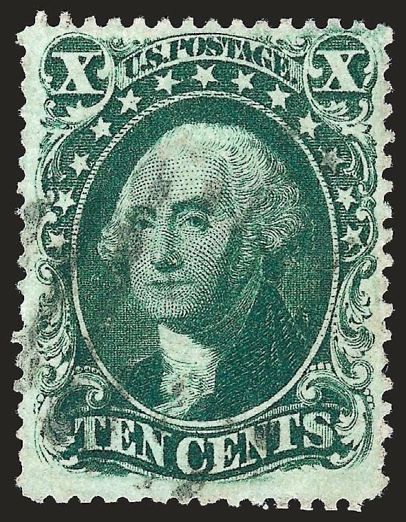 10c Green, Ty. IV (34).> Position 65L1, recut at top, rich color on bright paper<><>^VERY FINE USED EXAMPLE OF THE 1857 10-CENT TYPE IV. ONLY EIGHT POSITIONS ON THE PLATE WERE RECUT.^<><>With 1997 P.F.
certificate