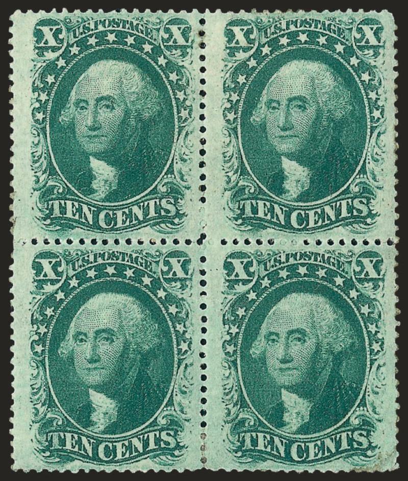 10c Green, Ty. V (35).> Bock of four, original gum, small h.r., rich color, few trivial and sensibly reinforced perf separations, Very Fine and choice, an attractive multiple