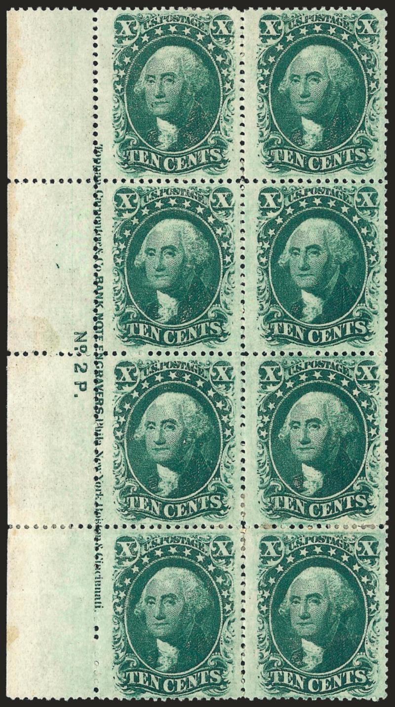 10c Green, Ty. V (35).> Block of eight with <full imprint and plate No. 2P at left,> slightly disturbed original gum, bright color, choice centering throughout, faint pressed-out horizontal crease affects bottom
stamps<><>^EXTREMELY FINE APPEARAN