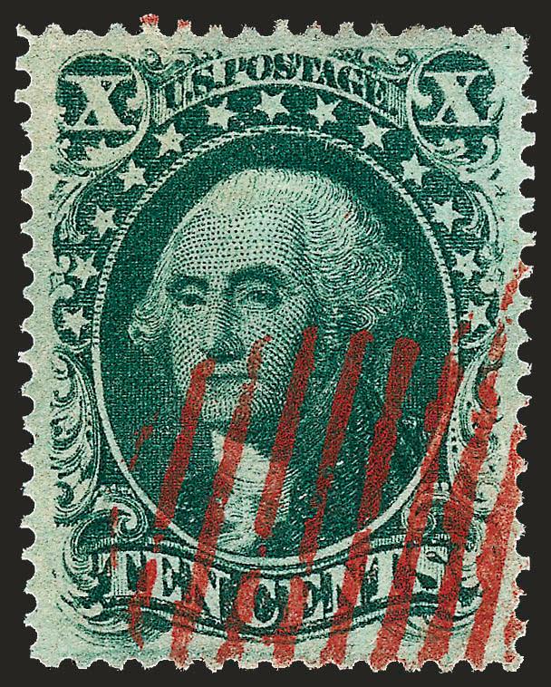 10c Green, Ty. V (35).> One with original gum, three used incl. two with red grid cancels and one with large Boston Paid grid, one with light toning spots, otherwise Very Fine-Extremely Fine, the unused with
2001 P.F. certificate