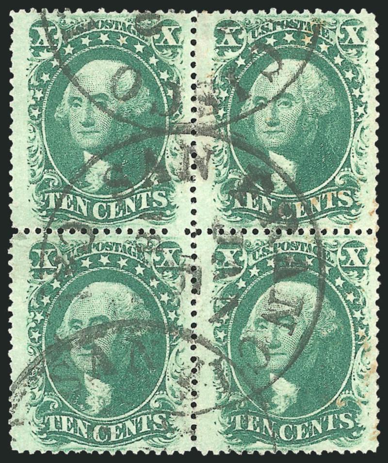 10c Green, Ty. V (35).> Positions 36-3746-47R2, block of four, bottom right stamp <double transfer> at bottom, rich color, bold strikes of San Francisco Cal. Jan. 5, 1860 circular datestamps and part of red
cancel, fresh and Very Fine, with note f