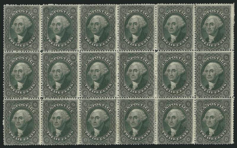 12c Black, Plate 3 (36b).> Reconstructed block of eighteen comprising blocks of twelve and six, Positions 3-813-1823-28R3, mostly h.r. with small hinge reinforcements except Positions 14 and 15 appear Mint N.H.,
deep shade and proof-like impression