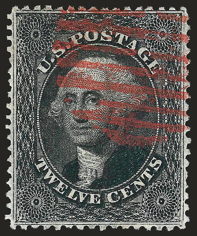 12c Black, Plate 3 (36b).> Intense shade and impression nicely complemented by <red grid> cancel, almost perfectly centered, Extremely Fine