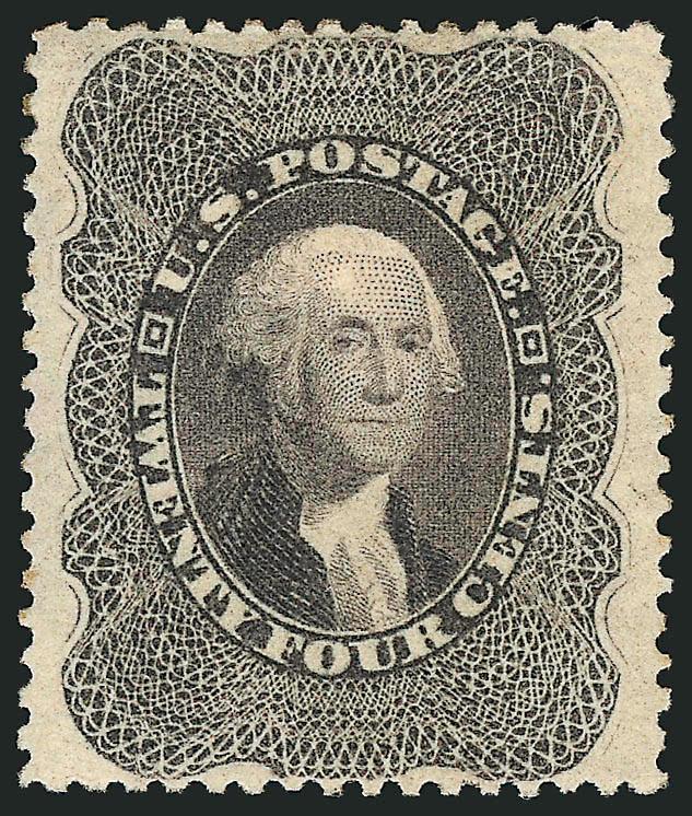 24c Gray Lilac (37).> Original gum, small h.r., deep rich color and proof-like impression, unusually choice centering<><>^EXTREMELY FINE. A BEAUTIFUL ORIGINAL-GUM EXAMPLE OF THE 1860 24-CENT GRAY LILAC.^<><>Ex
Chapin. With 1982 and 2003 P.F. cert