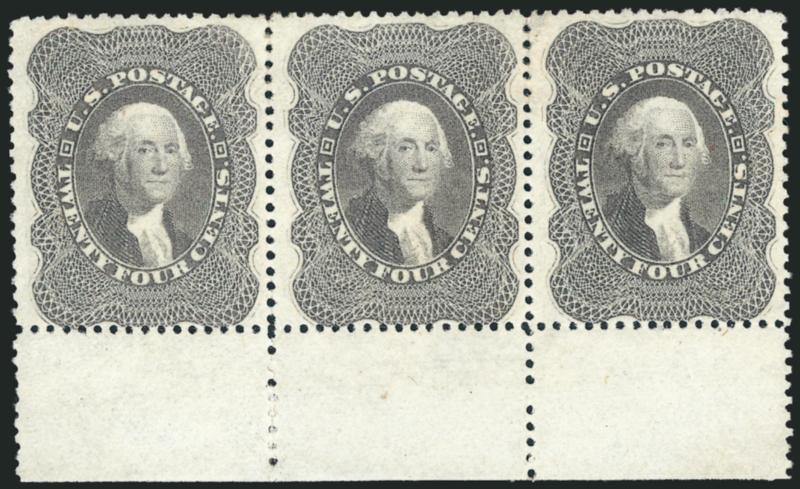 24c Gray Lilac (37).> Bottom sheet margin horizontal strip of three, unused (no gum), fresh and bright color<><>^VERY FINE AND CHOICE. A SCARCE UNUSED BOTTOM SELVAGE STRIP OF THREE OF THE 24-CENT 1860
ISSUE.^<><>With 1978 and 2003 P.F. certificat