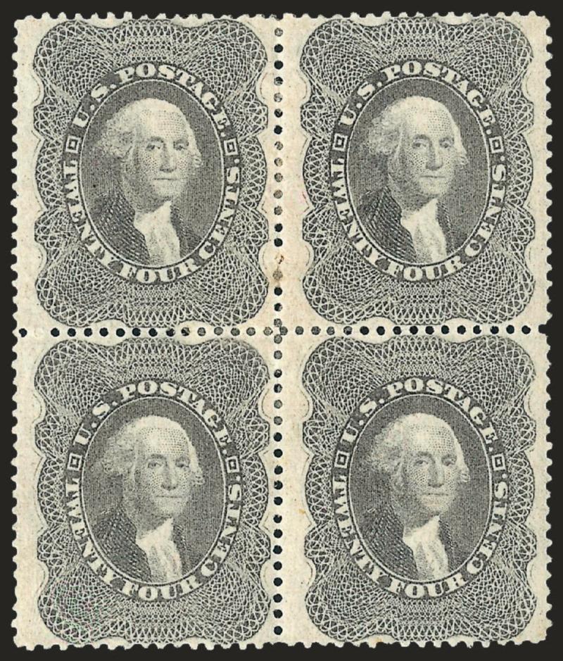 24c Gray Lilac (37).> Block of four, original gum, few small h.r., bright color, well-balanced margins<><>^VERY FINE AND CHOICE. A RARE SOUND ORIGINAL-GUM BLOCK OF FOUR OF THE 1860 24-CENT GRAY LILAC.^<><>A
review of our auction records with Powe