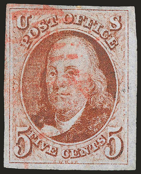 5c Orange Brown (1b).> Bright shade, large margins all around, unobtrusive strike of red grid cancel, faint vertical crease, Extremely Fine appearance, with 2000 P.F. certificate