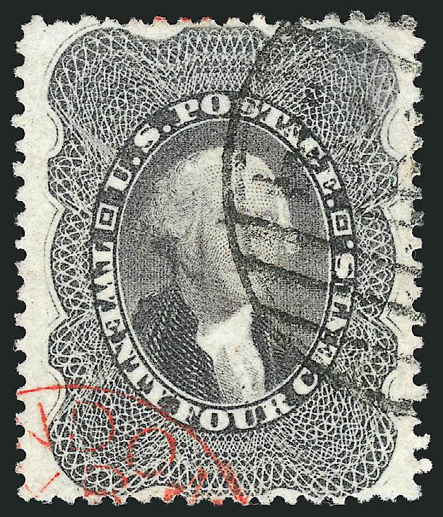 24c Gray Lilac (37).> Intense shade and sharp impression, large Boston Paid grid and clear red London transit, faint corner crease at top right, Extremely Fine appearance, ex Twigg-Smith, with 2001 P.F.
certificate