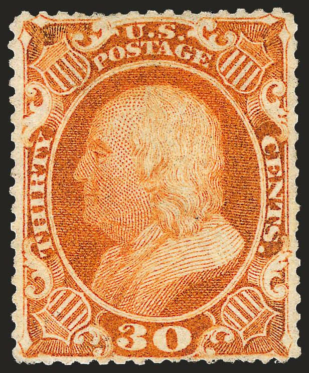30c Orange (38).> Intense color (hint of oxidation), barest trace of cancel (appears unused), well-balanced margins, nibbed perfs, otherwise Very Fine, with 1994 P.F. certificate