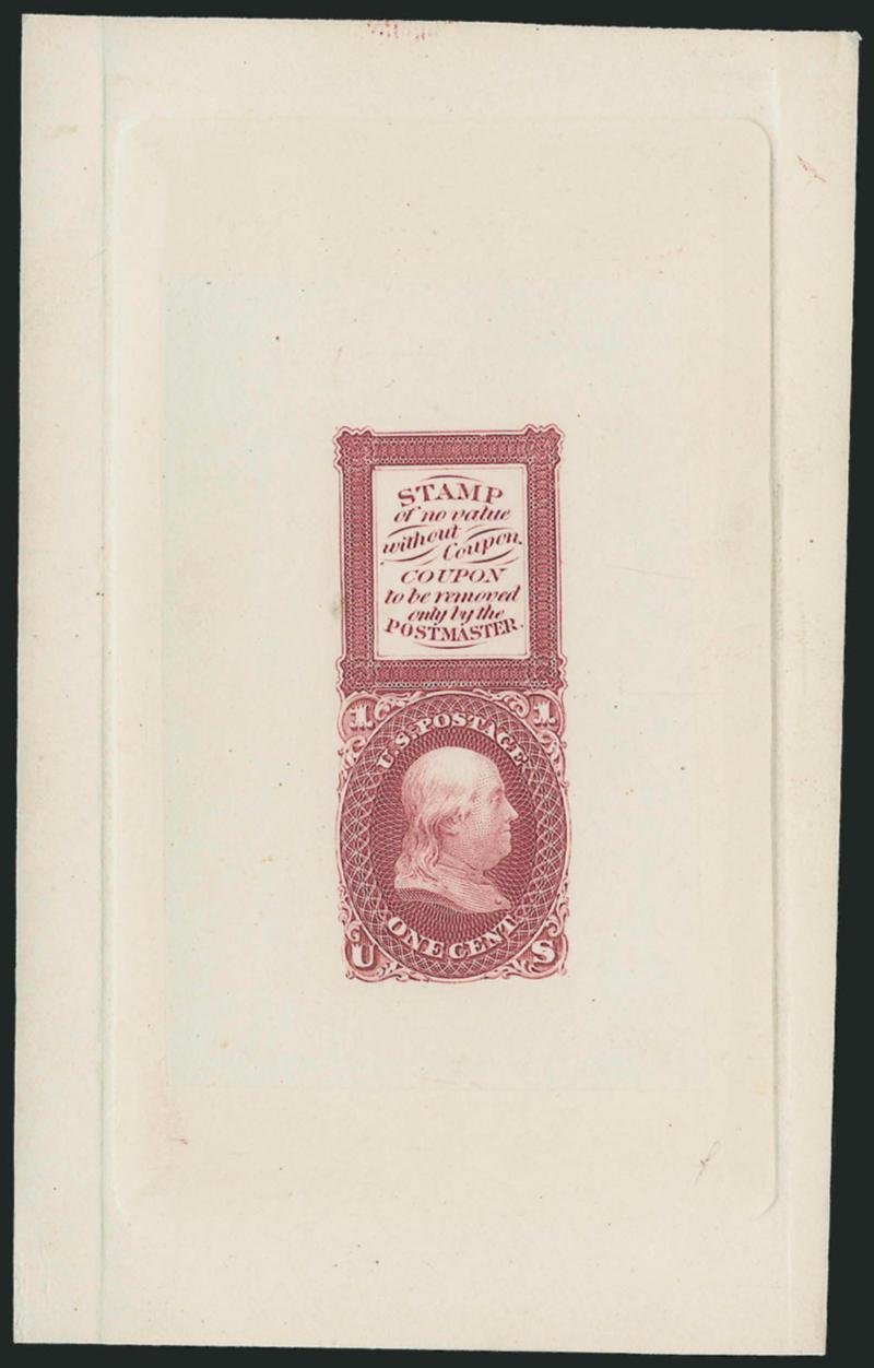 1c Red, Bowlsby Patent Coupon, Die Essay on India (63-E13a).> Die sunk on 70 x 14mm card with full die sinkage, bright color, Very Fine and choice, ex Lake Shore